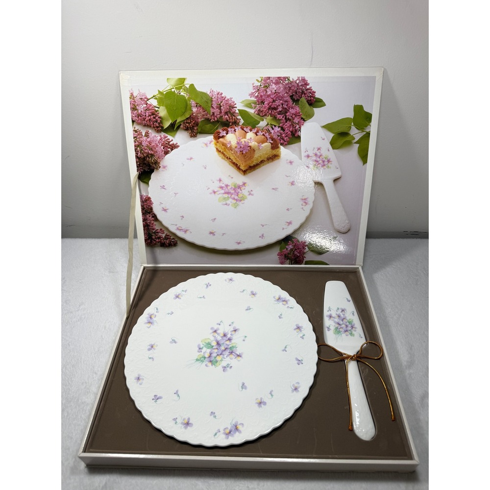 Mikasa Blue Violets B2057 Bone China Cake Plate and Server Set Japan Scalloped